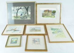 A watercolour of the Saxon Church in Bradford on Avon with other framed items
