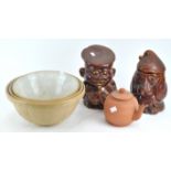 Three pottery kitchen mixing bowls,