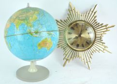 A Scan-Globe Denmark terrestrial desk globe and a Timemaster sunburst clock,