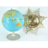 A Scan-Globe Denmark terrestrial desk globe and a Timemaster sunburst clock,