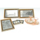 A mould pink glass dressing table set, a hand mirror,