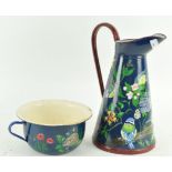 A Barge ware style metal jug and chamber pot, finished in blue,