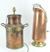 A small copper milk churn (fitted as a lamp),38cm high, and a copper coal scuttle,