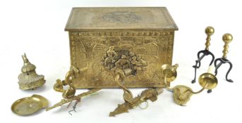 A brass log box and other items