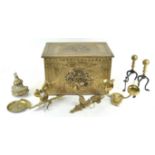 A brass log box and other items