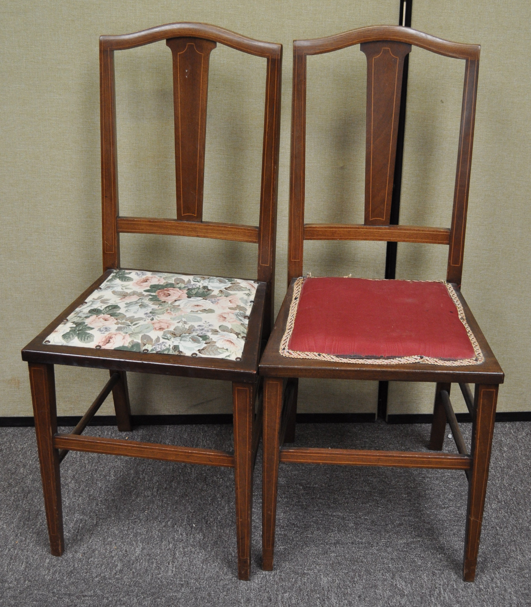 A pair of Edwardian mahogany and boxwood strung chairs