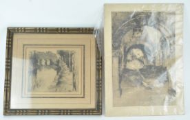 Two early 20th century etchings of a street and river scene