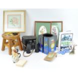 A child's stool the top decorated with a lion, 25cm high, binoculars,