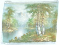 An oil on canvas of a wooded lake scene (unstretchered),