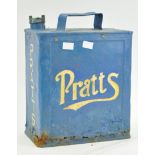 A metal Pratts motor spirit can, finished in blue,