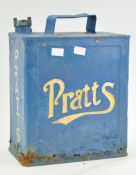 A metal Pratts motor spirit can, finished in blue,