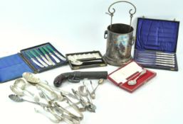 Assorted metalware and two silver spoons