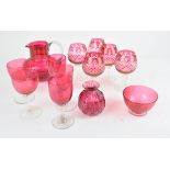 A set of five cranberry flash and cut glasses and other glass