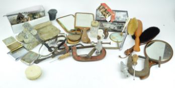 An enamel backed hand mirror and other items