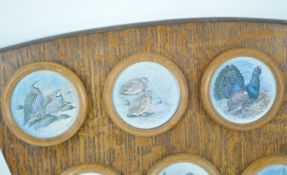 A set of twelve coloured prints of birds, framed as one, in an oak shaped frame,