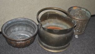 A brass coal bucket and other items