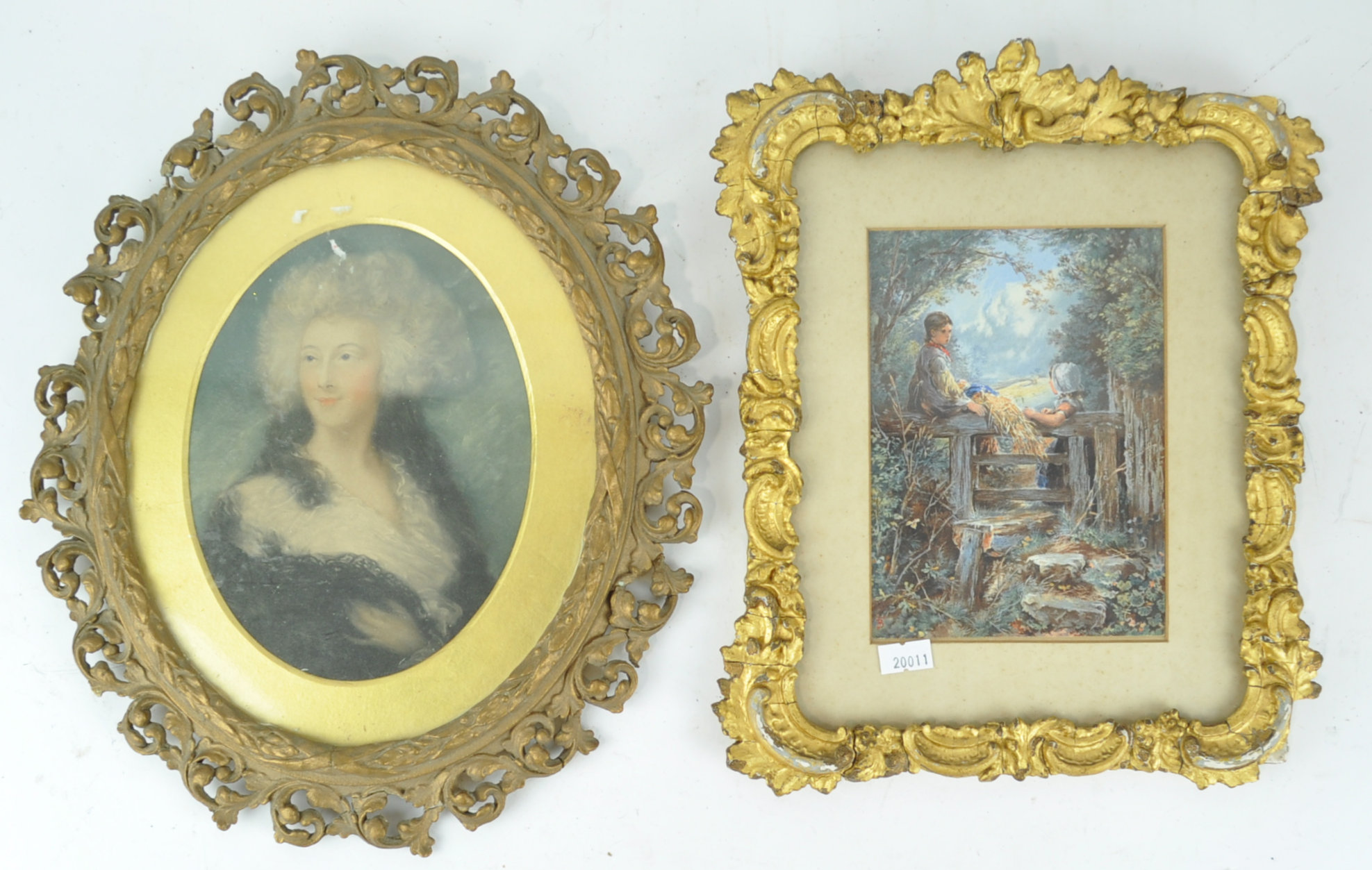 A Victorian plaster gilt framed Baxter print, 31cm x 24cm, together with an oval frame,