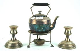 Two candle sticks and a spirit kettle