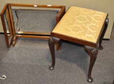 A rectangular stool with shell carved cabriole legs and a swing frame mirror