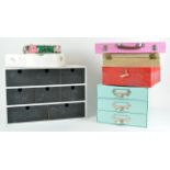 A group of assorted storage boxes, to include one in Chinese silk,