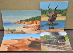 Four acrylics on board, un-framed,by the same artist, including a train,