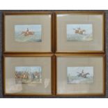 Style of Alken, Hunting, coloured prints, set of four, a farmer blocking his land, Jumping a river,