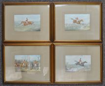 Style of Alken, Hunting, coloured prints, set of four, a farmer blocking his land, Jumping a river,