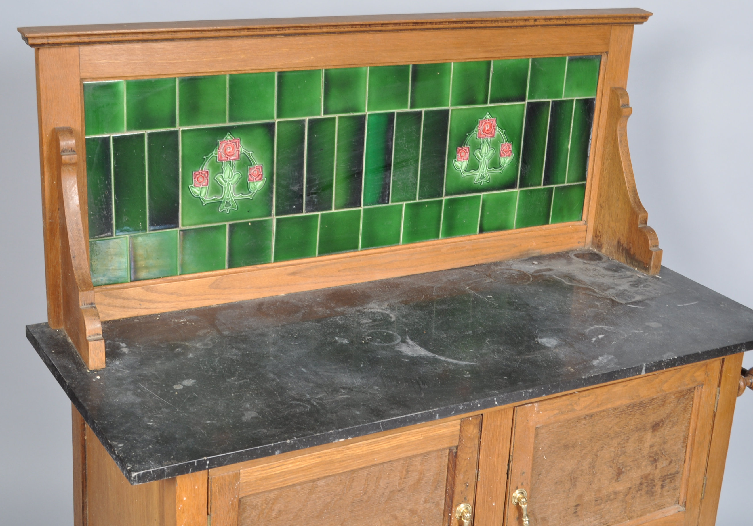 A 19th century oak washstand, with tiled back and marble top above two panelled doors, - Image 2 of 3