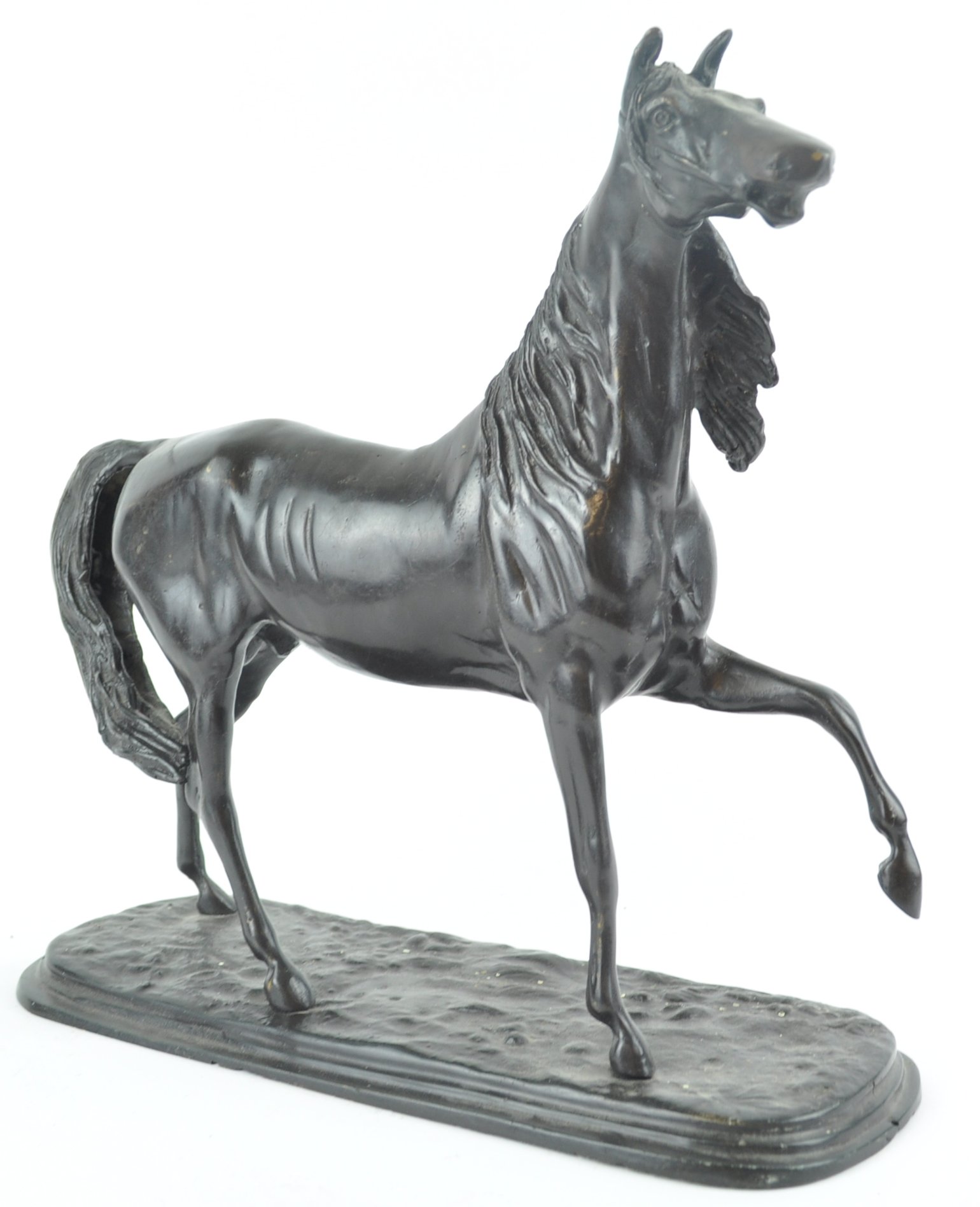 A bronze horse in naturalistic pose, holding a front leg aloft, - Image 2 of 2