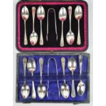 A cased set of six Old English pattern teaspoons and a pair of sugar tongs,