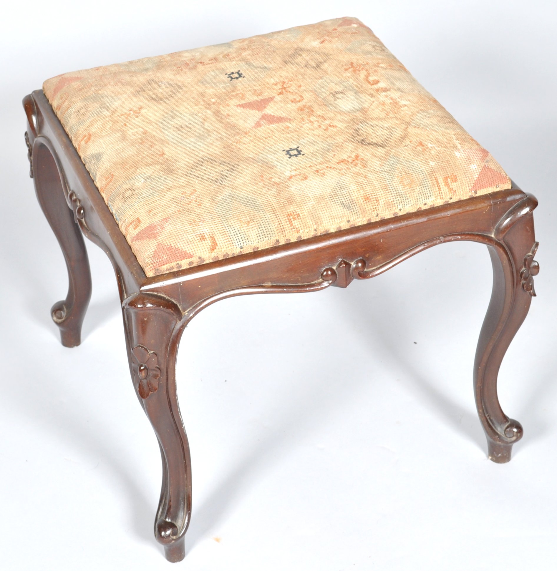 A late 20th Century Victorian antique mahogany square stool having a tapestry upholstered pad seat - Image 2 of 2