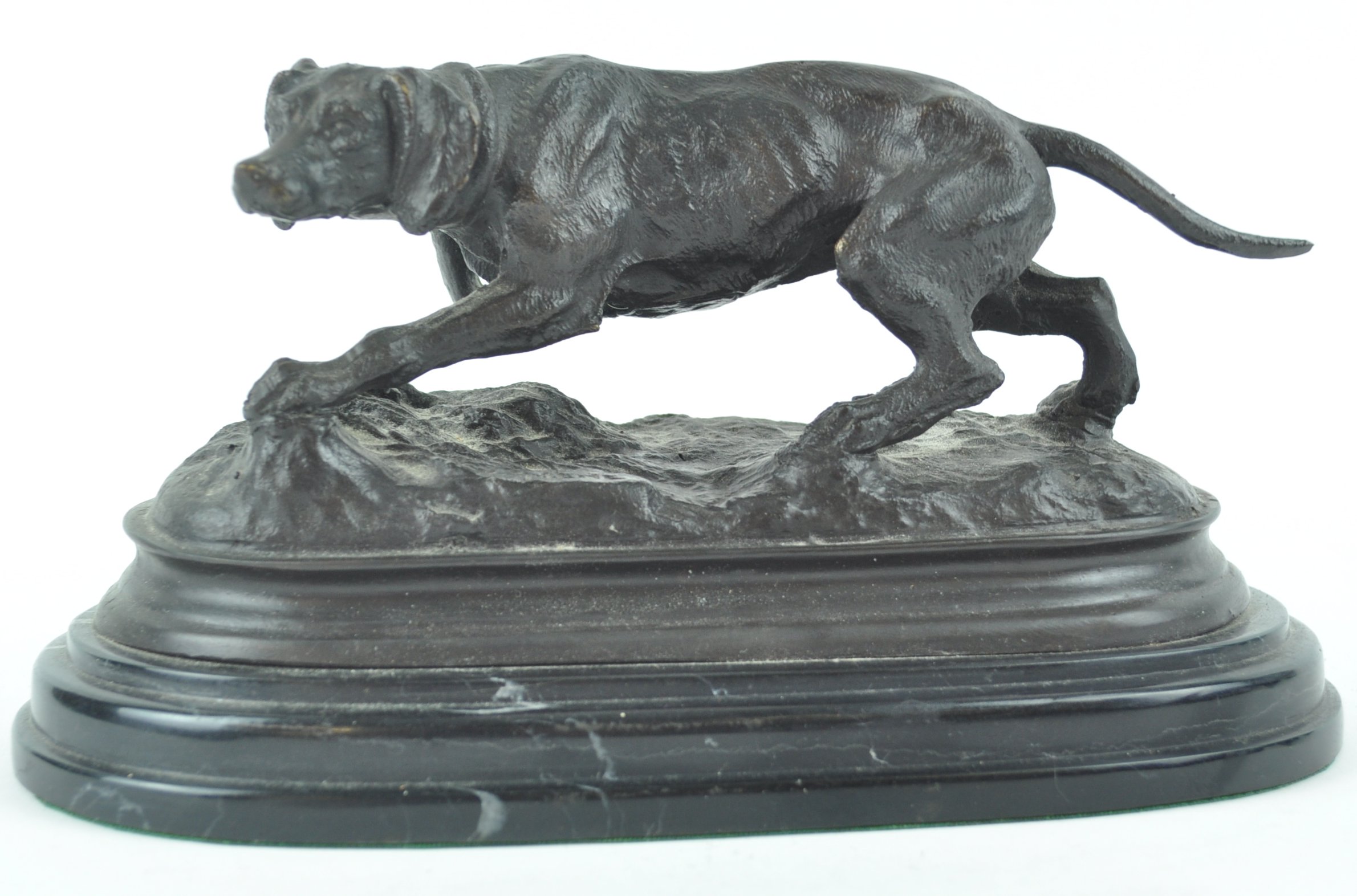 A 20th century bronze figure of a pointer on a black marble base, after P J Mene,