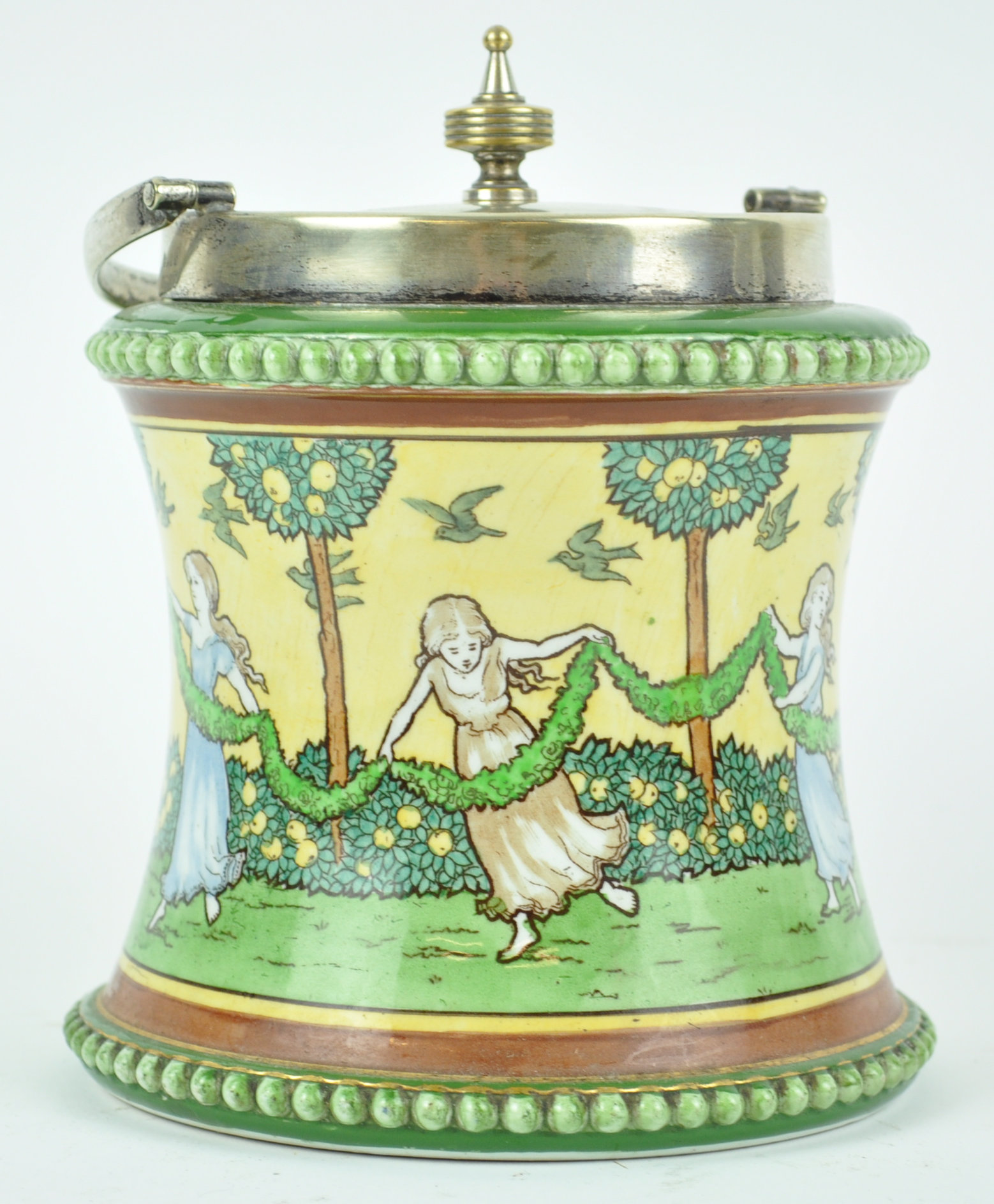 A Doulton pottery biscuit barrel with silver plated mounts,