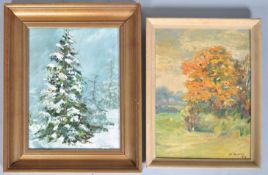 S R Michalski, A Fir tree in the Snow, oil on board, signed lower right and dated 1984, 37cm x 28cm,