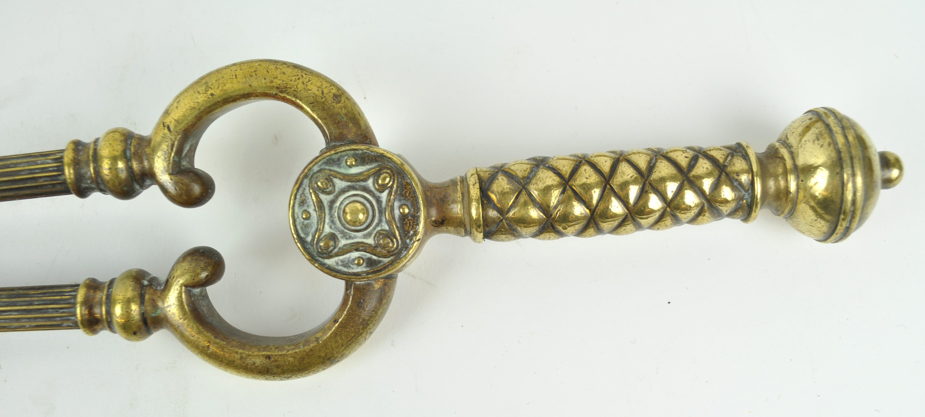 A 19th century brass set of three fire irons, each with ball shaped knops, - Image 3 of 3