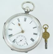 A hallmarked sterling silver open face pocket watch. Key wound movement (key supplied).