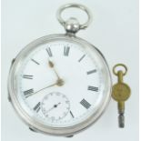 A hallmarked sterling silver open face pocket watch. Key wound movement (key supplied).