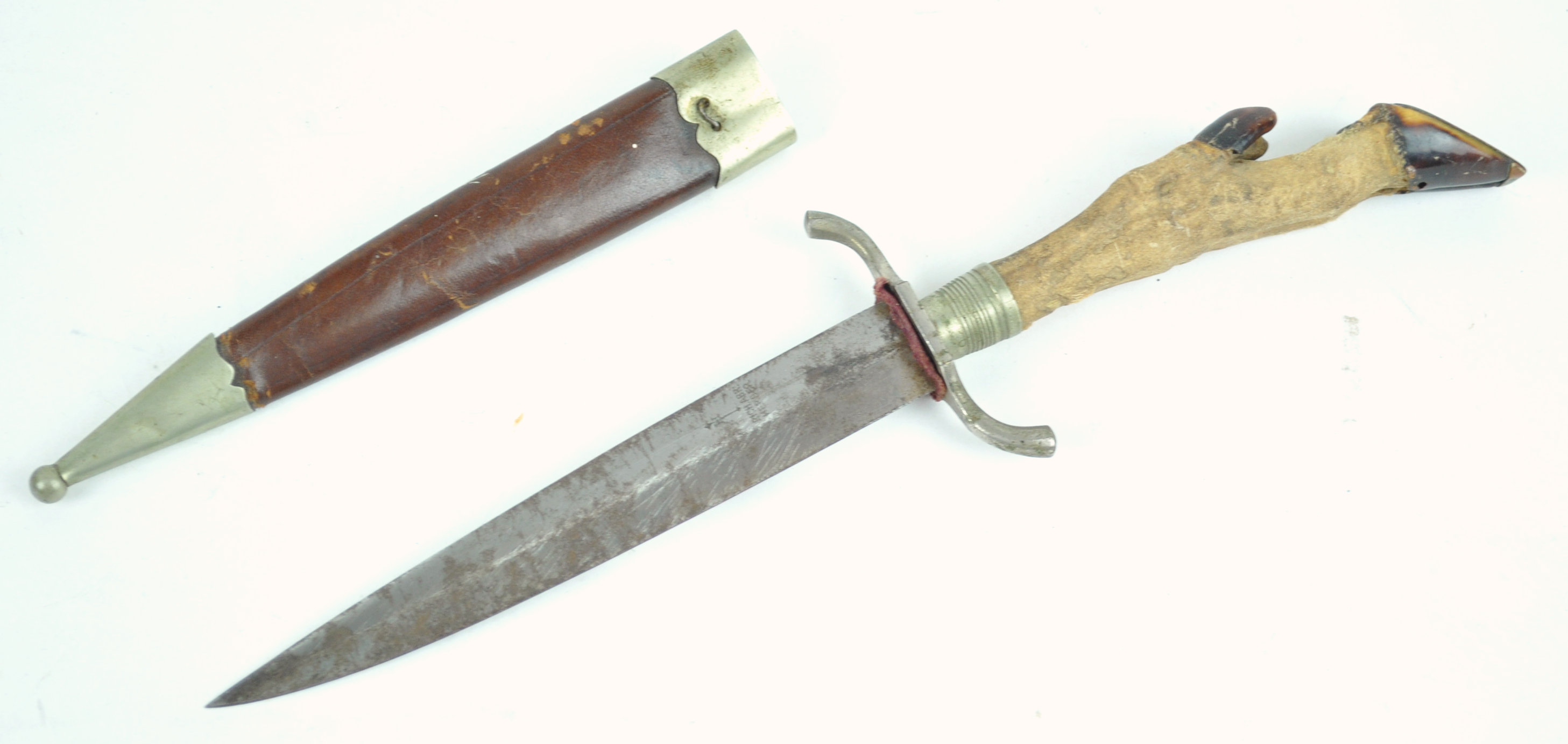 A WWII hunting dagger, marked Rich-ABR-Herder, with leather scabbard and hoof handle, 30.