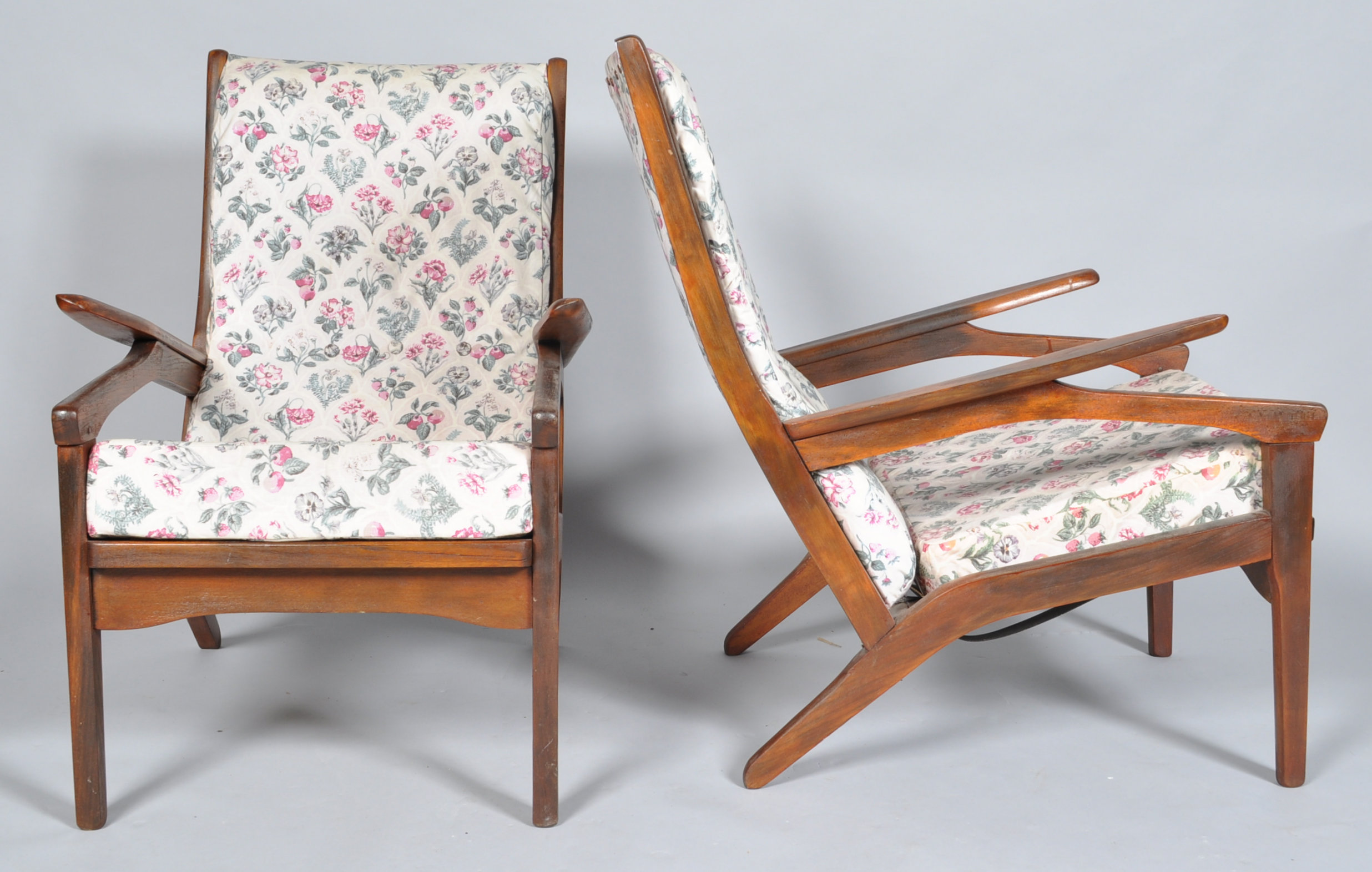 An unusual pair of 1960's Danish inspired retro vintage teak wood easy / lounge chairs / armchairs - Image 2 of 3