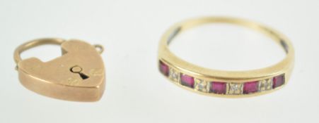 A yellow metal half hoop ring set with square cut rubies and round cut diamonds;