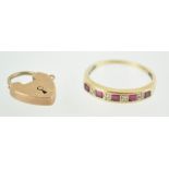 A yellow metal half hoop ring set with square cut rubies and round cut diamonds;