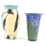 A Dennis China works vase by Sally Tiffin, decorated with dandelions on a blue ground, 17cm high,