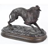 A 20th century bronze figure of a whippet with riding crop in his mouth,
