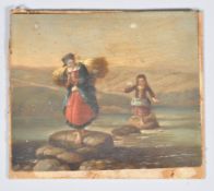Continental school, 19th century, Figures in a landscape, oil on tole,