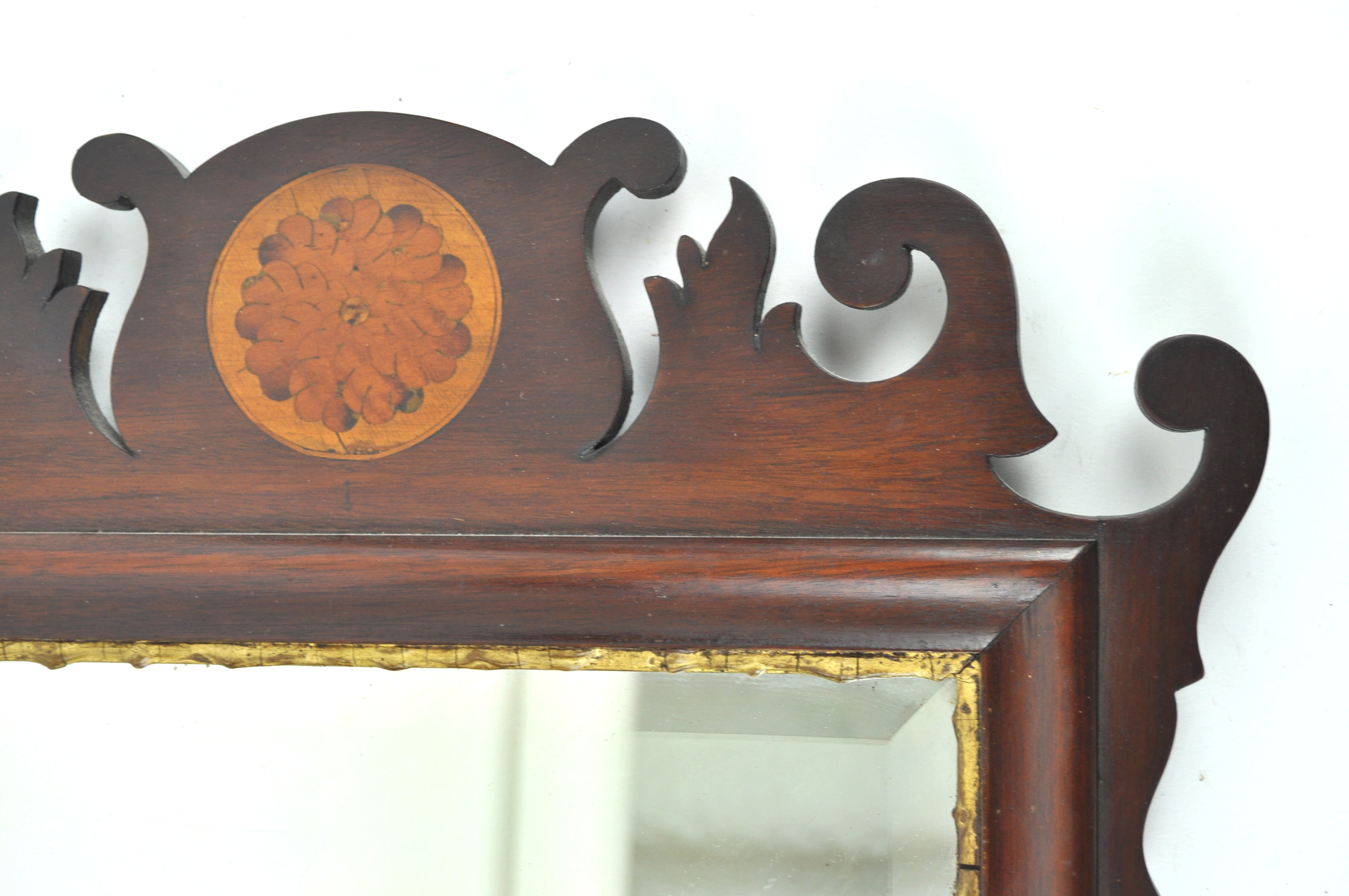 A mahogany fret framed wall mirror with marquetry crest, - Image 3 of 3
