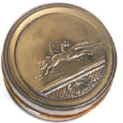 A Victorian Grand National 'Emblem' 1863 horn and metal-mounted circular snuff box and cover,