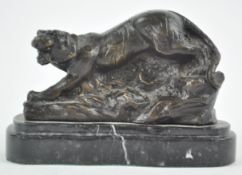 A bronze model of a tiger, after Antoine Louis Barye, on black marble plinth,