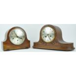An oak cased mantel clock, with silver dial, 46cm wide,