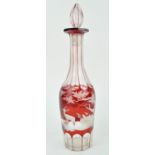 A Victorian Bohemian ruby flash glass and wheel engraved decanter and stopper,