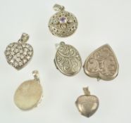 A collection of six white metal lockets, three of heart design, some marked 925,